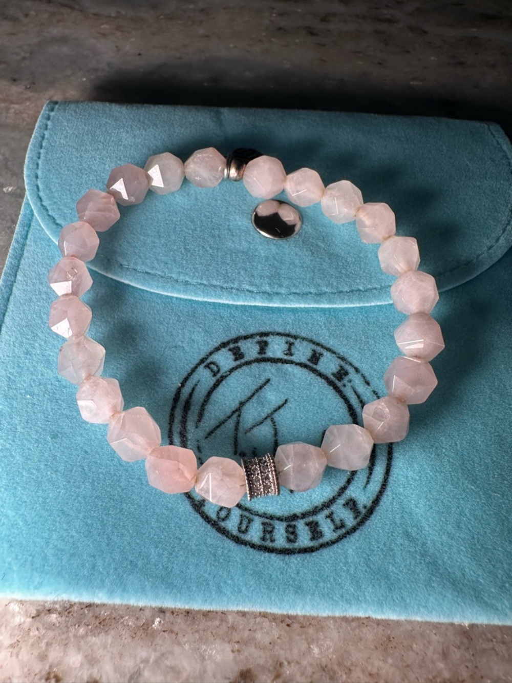 Rose Quartz Faceted Bead Stretch Bracelet with Pave Accent - Pink